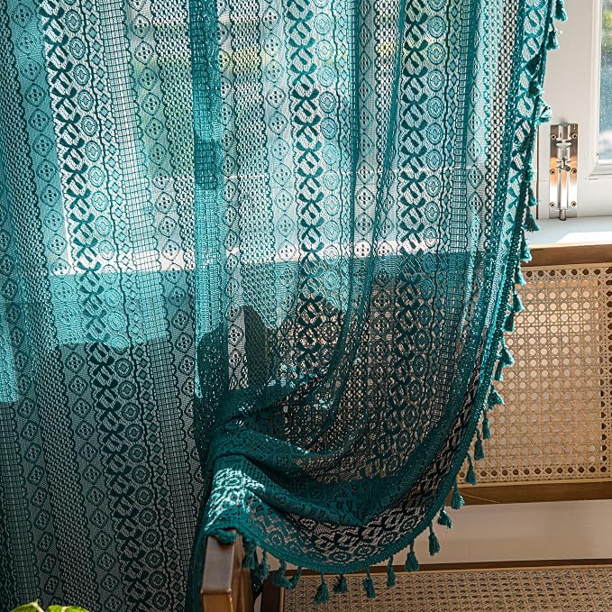 Sutuo Home Boho Curtains 96 inches Long for Bedroom Living Room Nursery Room, Crochet Lace Sheer Bohemian Hollow with Tassels,Window Treatment Drapes, Rod Pocket 1 Panel 59" W x 96" L, Turquoise