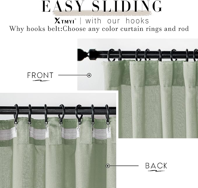 XTMYI Sage Green Back Tab/Hook Belt Linen Cotton Sheer Curtains 45 Inch Length for Bathroom Bedroom 2 Panels Set