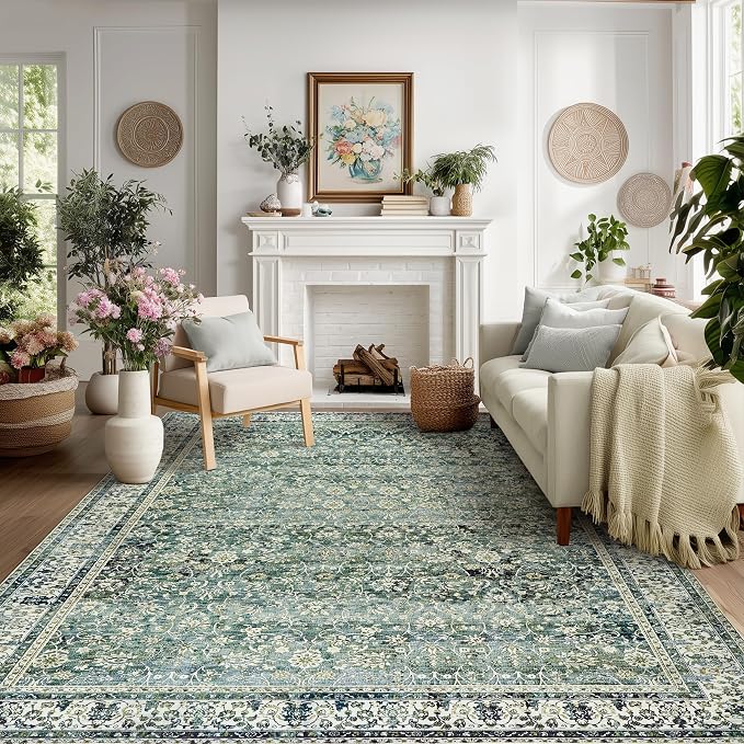 BILEEHOME Blue and Green 6x9 Area Rugs for Bedroom Low Pile Soft Moody Floral Rug with Non Slip Washable Boho Vintage Oriental Indoor Carpet for Living Room Dining Room,Hunter Forest Green/Teal