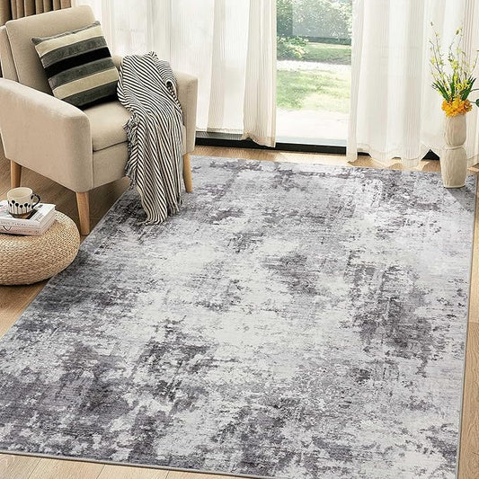 Abstract 5x8 Area Rug: Machine Washable Non Slip Ultra Thin Low-Pile Carpet, Soft Stain Resistant for Living Room Bedroom Nursery, Kid Pet Friendly, Robot Vacuum Compatible - Grey