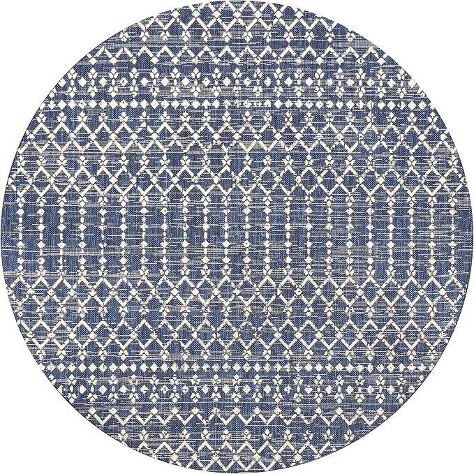 JONATHAN Y Moroccan Geometric Indoor Outdoor Round Area Rug 8 Ft Navy/Beige, Ourika Textured Weave for Backyard, Patio, Porch, Easy-Cleaning, High Traffic, Pet-Friendly, Non-Shedding (SMB108K-8R)