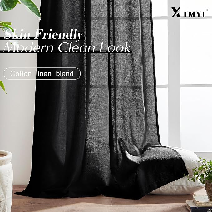 XTMYI Black Curtains 108 Inches Long for Sliding Glass Door 2 Panels Set Linen Hooks Ceiling Track Pleat Semi Sheer Backdrop Curtains 9 Ft Length
