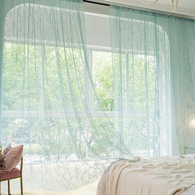 Sutuo Home Teal Blue Lace Curtains 84 Inches Long 2 Set, Sheer Panels Rose Floral Embroidery Vintage Window Treatment Pair for Bedroom Living Room, Retro Christmas Decor Rod Pocket, W57 x L84
