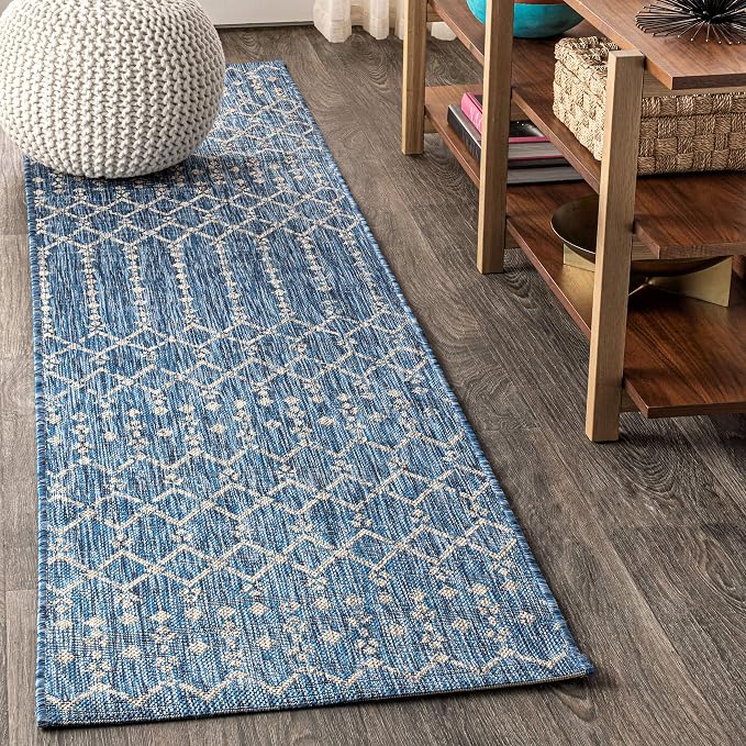 JONATHAN Y Moroccan Geometric Indoor Outdoor Runner Rug 2X14 Navy/Light Gray, Ourika Textured Weave for Backyard, Patio, Porch, Easy-Cleaning, High Traffic, Pet-Friendly, Non-Shedding (SMB108B-214)