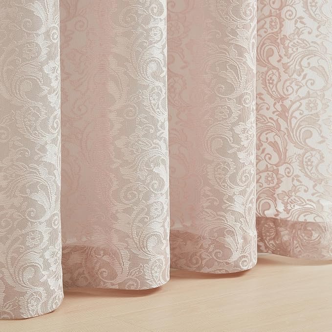 Bujasso Pink Sheer Lace Curtains 54 inch Victorian Short Curtain Panels for Kitchen Living Room Bedroom Elegant Light Filtering Pink Drapes Window Treatment Sets Rod Pocket 2 Panels 54" Wx54 L