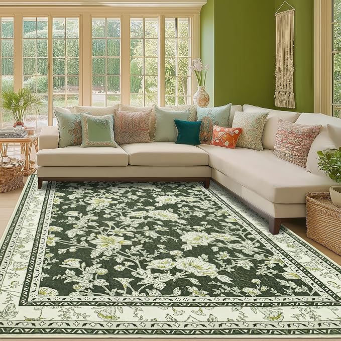 Olive Green Floral Print Area Rugs for Bedroom Living Room Boho Farmhouse Country Rustic Dining Room Carpet Soft Washable Rugs Non Slip Floor Covering for Nursery Playroom 10x14