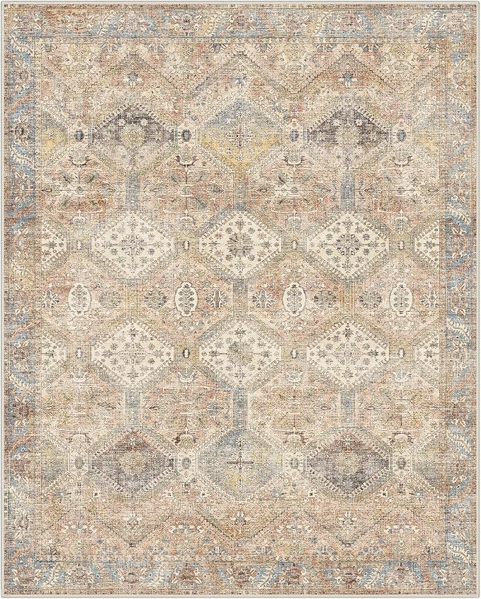 GENIMO 9x12 Area Rugs for Living Room, Machine Washable Non Slip Vintage Rugs, Low Pile Lightweight Print Rug for Bedroom, Dining Room, Home Office, Warm Brown