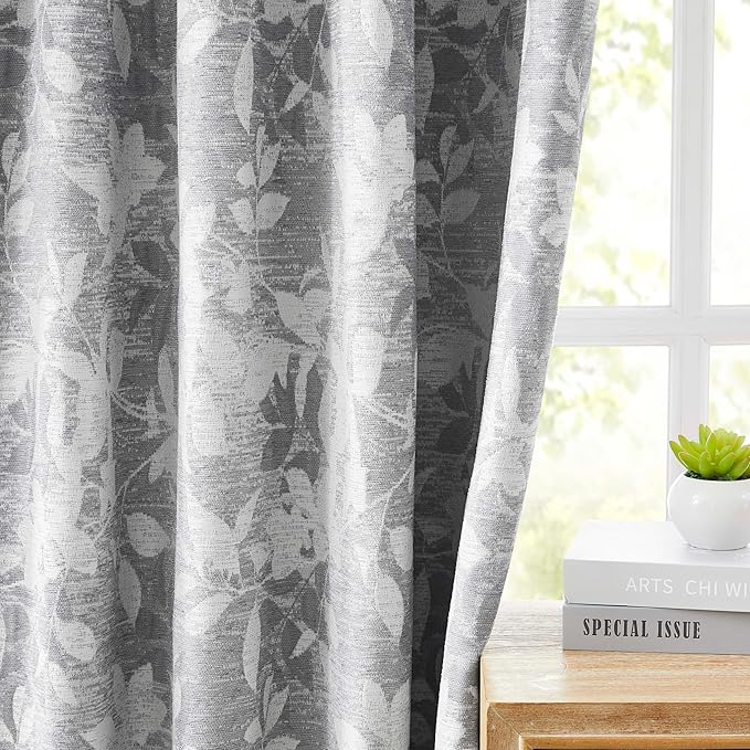 Randall 90% Blackout Faux Linen Curtain Farmhouse Gray Floral Print Pattern 90 Inch Long Thermal Insulated Back Tab Drape for Living Room Bedroom Country Vintage 2 Panels Set Rod Pocket Gray on Beige