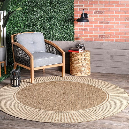 Nuloom Asha Light Brown/Ivory, 6'7" Round, Casual, Striped Border, Soft and Cozy, High Traffic, Easy Clean, Durable Area Rug for Indoor/Outdoor Patio, Deck, Porch, Garden, Courtyard