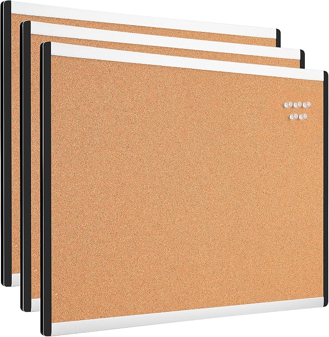Amazon Basics Cork Bulletin Board, 17" x 23", Pin Board for Office & Home, Wall Organizer with Aluminum Frame, Lightweight, Easy to Install, 3-Pack