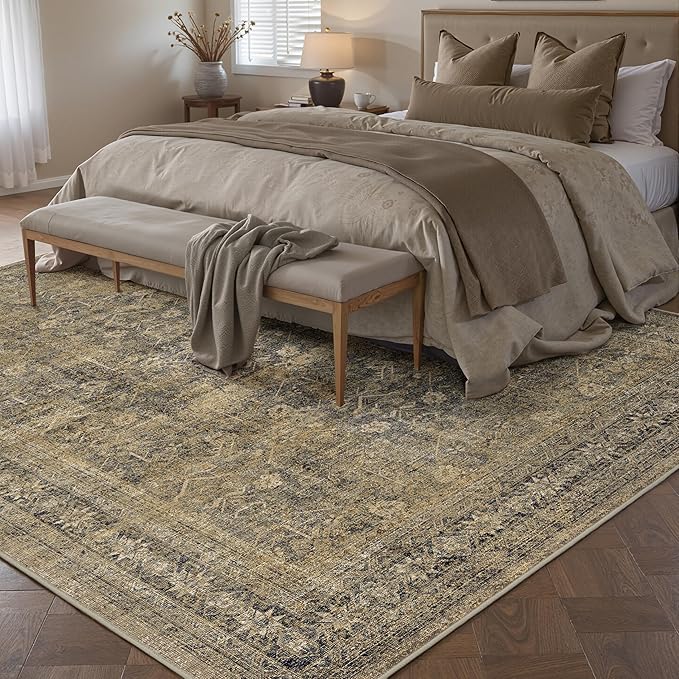 PureCozy 6x9 Brown Black Area Rug for Living Room Washable Vintage Distressed Carpet Large Bedroom Low Pile Non Slip Indoor Soft Retro Throw Accent Rug Office Kitchen Bathroom Dining Room