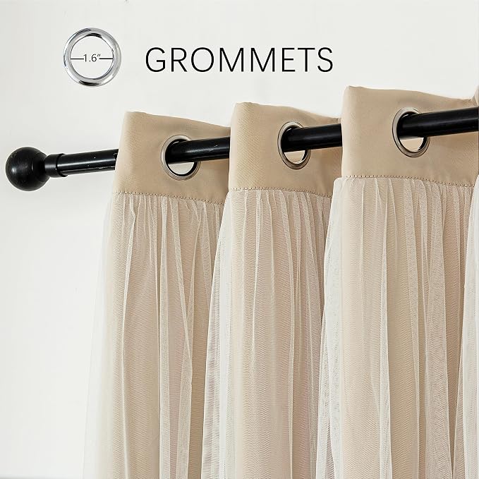 INLINAS Beige Blackout Curtains with Sheer Overlay - Grommet Top Thermal and Noise Reduction Panels for Bedroom and Living Room Light Blocking and Energy Saving, 52 x 108 Inches, Set of 2