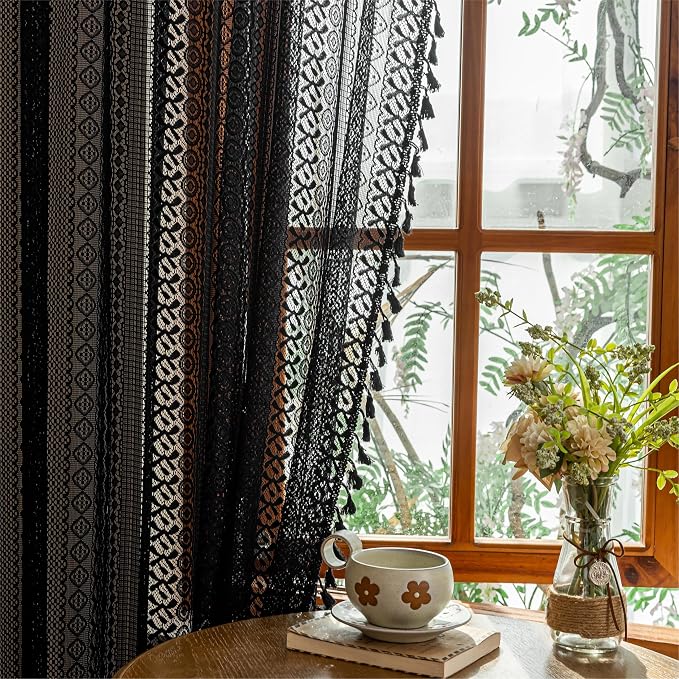 Sutuo Home Black Boho Lace Curtains 96 inches long for Living Room Dining Room, Semi Sheer Curtains Farmhouse Privacy Crochet Vintage Chic Tassels Bohemian Style Rod Pocket Retro Decor, 2 Panels 50" W