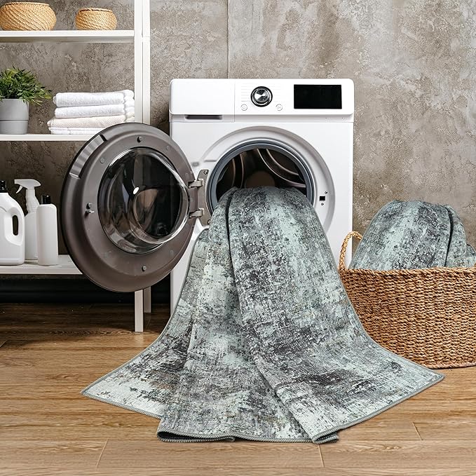 GLN Rugs Contemporary Collection - Machine Washable Area Rug, Contemporary Washable, Non Slip, Low Pile Chenille Rug, Living Room, Bedroom, Kitchen Rug (3' x 5' Grey/Green)