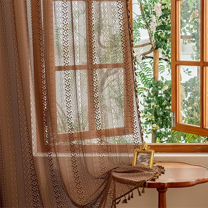 Sutuo Home Dark Coffee Boho Lace Curtains, Sheer Curtains 102 inches Long for Living Room Bedroom Light Filtering Caramel Privacy Vintage Tassels Bohemian Window Treatments Rod Pocket, 2 Panels 50" W