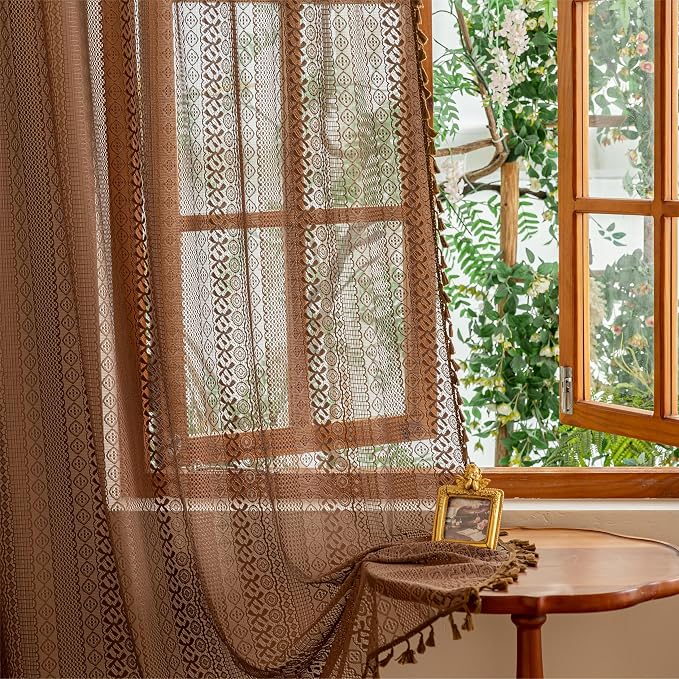 Sutuo Home Dark Coffee Boho Lace Curtains 72 inches Long for Nursery Bedroom, Sheer Curtains Light Filtering Caramel Privacy Vintage Chic Tassels Bohemian Window Treatments Rod Pocket, 2 Panels 50" W