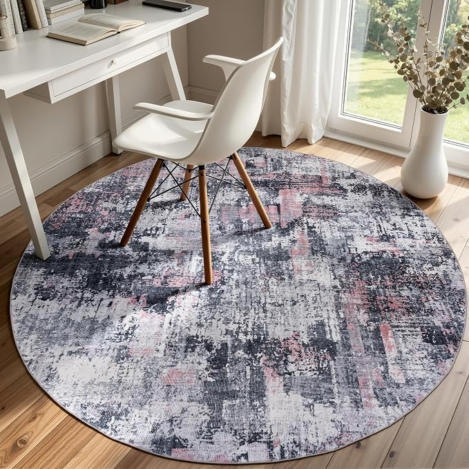 Sasttie 4ft Soft Round Area Rug, Modern Abstract Washable Circle Carpet for Living Room, Bedroom, Dining Room Table, with Non-Slip Backing, Black and Pink