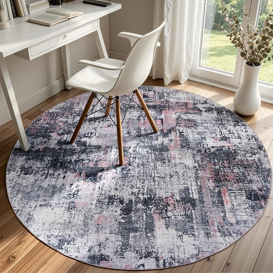 Sasttie 4ft Soft Round Area Rug, Modern Abstract Washable Circle Carpet for Living Room, Bedroom, Dining Room Table, with Non-Slip Backing, Black and Pink