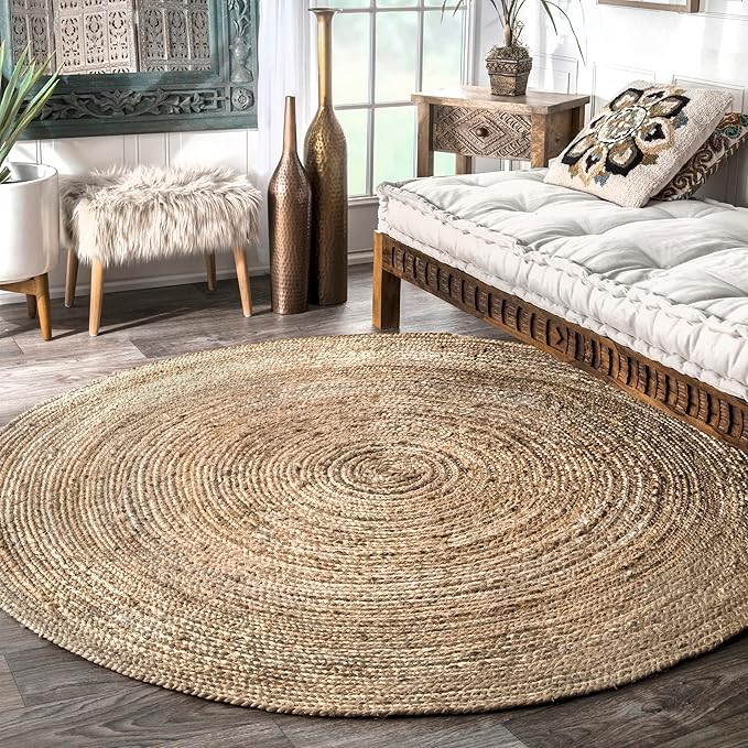 nuLOOM 7 Round Rigo Jute Hand Woven Area Rug, Natural, Solid Farmhouse Design, Natural Fiber, For Bedroom, Living Room, Dining Room, Hallway, Office, Kitchen, Entryway
