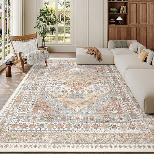 zesthome 7x9 Area Rug, Super Soft Washable Rugs for Living Room, Non-Slip Stain Resistant Vintage Rugs, Ultra-Thin Large Area Rugs (Orange,7'x9')