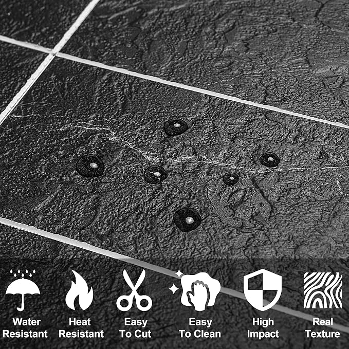 AULIGET Faux Stone Backsplash Peel and Stick PVC Tile, 3 Inch x 6 Inch Black Marble with White Grout Stick on Tiles for Backsplash, Pack of 4