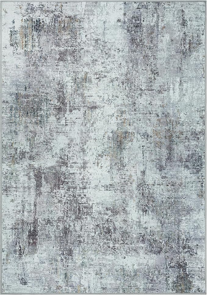 GLN Rugs Contemporary Collection - Machine Washable Area Rug, Contemporary Washable, Non Slip, Low Pile Chenille Rug, Living Room, Bedroom, Kitchen Rug (3' x 5' Grey/Green)