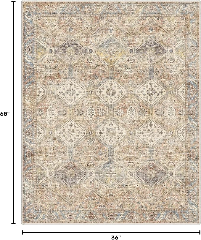GENIMO 3x5 Area Rugs for Living Room, Machine Washable Non Slip Vintage Rugs, Low Pile Lightweight Print Rug for Bedroom, Dining Room, Home Office, Warm Brown