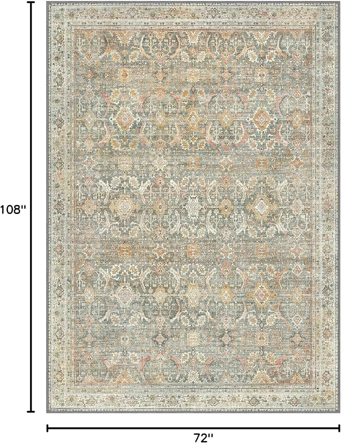 GENIMO 6x9 Area Rugs for Living Room, Machine Washable Non Slip Vintage Rugs, Low Pile Lightweight Chenille Print Rug for Bedroom, Dining Room, Home Office, Turmeric