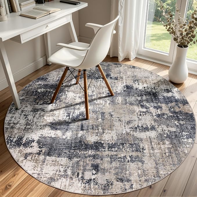 Sasttie 4ft Soft Round Area Rug, Modern Abstract Washable Circle Carpet for Living Room, Bedroom, Dining Room Table, with Non-Slip Backing, Black and Beige