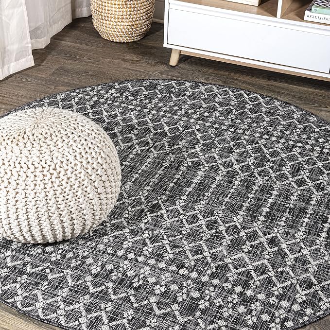 JONATHAN Y Moroccan Geometric Indoor Outdoor Round Area Rug 3 Ft Black/Gray, Ourika Textured Weave for Backyard, Patio, Porch, Easy-Cleaning, High Traffic, Pet-Friendly, Non-Shedding (SMB108F-3R)