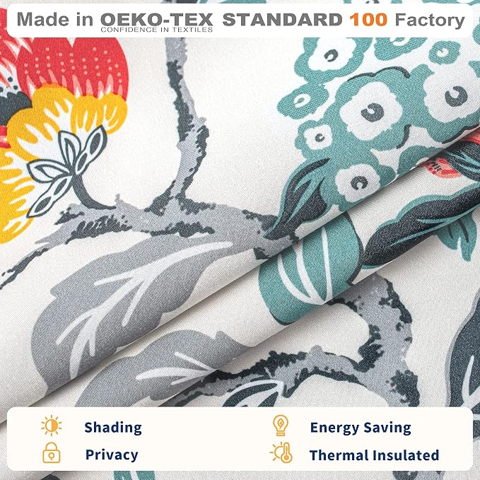 DriftAway Ada Floral Botanical Print Flower Leaf Lined Thermal Insulated Room Darkening Blackout Tie Up Window Curtains 2 Layers Each 39 Inch by 55 Inch Ivory Orange Teal