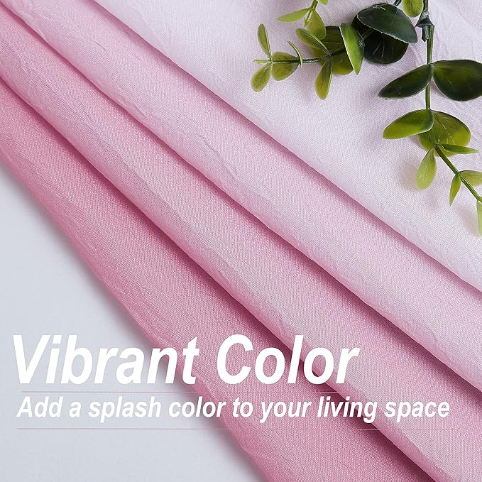 Pink Ombre Chiffon Sheer Curtain 63 Inch Long for Living Room Crinkle Semi Sheer Curtain Panels for Bedroom, Gradient Light Filtering Window Drapes Set of 2 for Kids Room, Office, Rod Pocket, 52"W