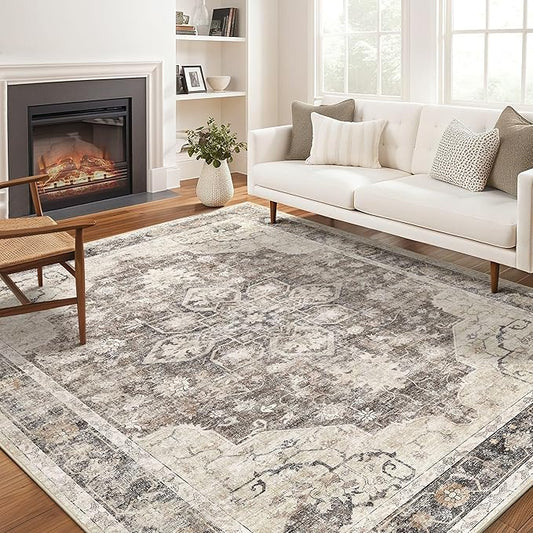 Area Rug for Living Room - 10X12 Soft Washable Vintage Floral Distressed Large Carpet - Fade Stain Resistant Non Slip Rugs for Bedroom Dining Room Nursery Dorm Office Home Decor - Dark Brown