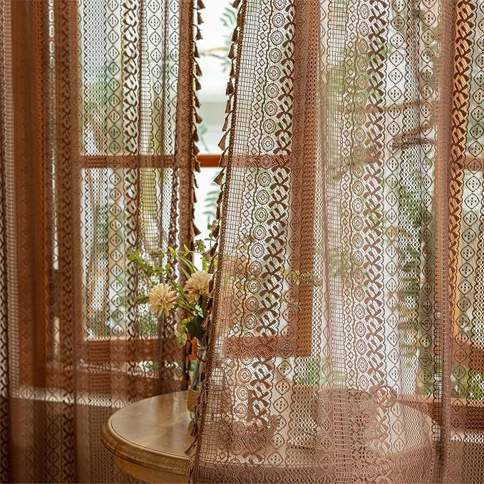Sutuo Home Dark Coffee Boho Lace Curtains 108 inches Long for Bedroom Living Room, Caramel Sheer Window Curtains Bohemian Crochet Privacy Vintage Tassels Cottagecore Decor Rod Pocket,2 Panels 50" W