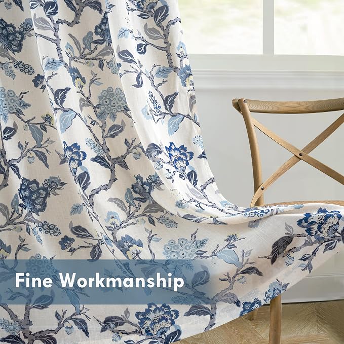 DriftAway Ada Floral Botanical Print Flower Leaf Lined Thermal Insulated Room Darkening Linen Blend 100% Blackout Back Tab Window Curtains 2 Layers Set of 2 Panels Each 52 Inch by 96 Inch Navy