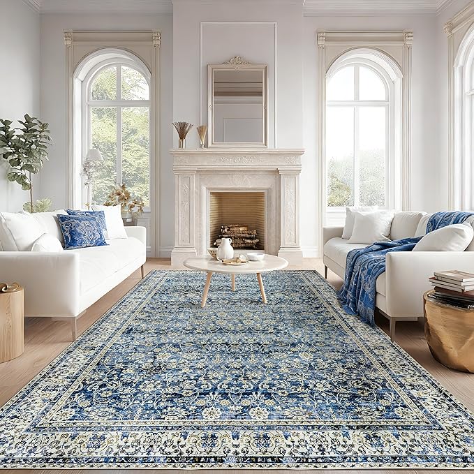 Large Area Rug for Living Room Vintage Blue Non Slip Washable Rugs 9x12 Neutral Boho Distressed Design Low Pile Stain Resistant Carpet for Bedroom Dining Room Office 9 x 12,Blue
