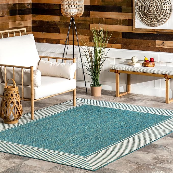 Nuloom Asha Teal/Ivory, 5' x 8', Casual, Striped Border, Soft and Cozy, High Traffic, Easy Clean, Durable Area Rug for Indoor/Outdoor Patio, Deck, Porch, Garden, Courtyard