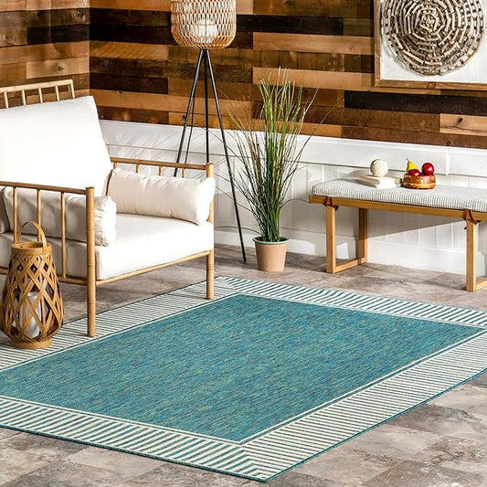Nuloom Asha Teal/Ivory, 6'7" x 9', Casual, Striped Border, Soft and Cozy, High Traffic, Easy Clean, Durable Area Rug for Indoor/Outdoor Patio, Deck, Porch, Garden, Courtyard
