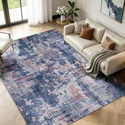 Sasttie 8x10 Soft Area Rug for Living Room, Modern Abstract Washable Large Carpet for Bedroom, with Non-Slip Backing, Pink and Blue