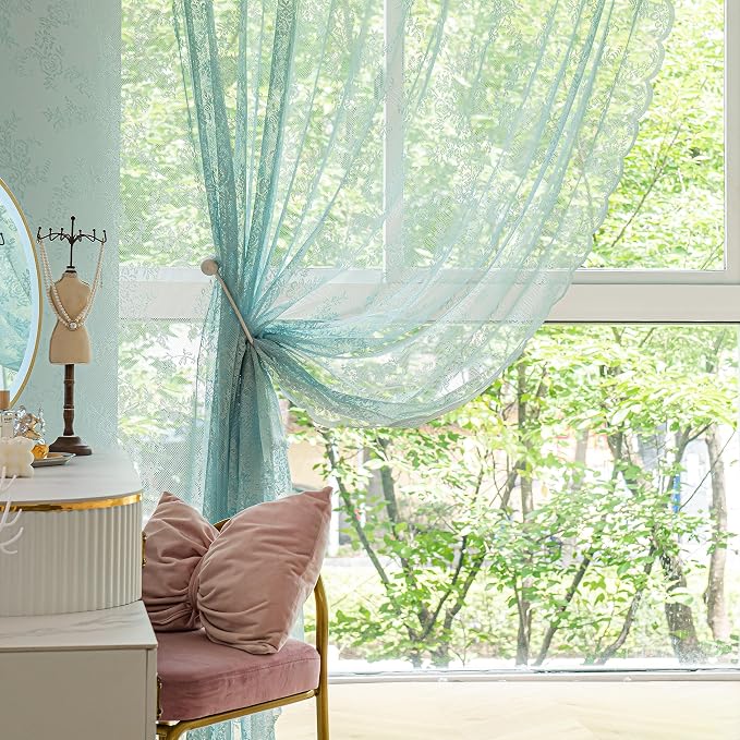Sutuo Home Teal Blue Lace Curtains Set of 2, Sheer Panels 63 Inch Length Florals Embroidery Vintage Victorian Window Treatment Pair for Bedroom Living Room, Shabby Chic Decor Rod Pocket, W57 x L63