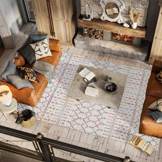 JONATHAN Y Boho Vintage Diamond Ivory/Multi Indoor Area Rug 5X8 ft, Moroccan Hype for Living Room, Bedroom, Kitchen, Office, Easy-Cleaning, High Traffic, Pet-Friendly, Non-Shedding (MOH101E-5)