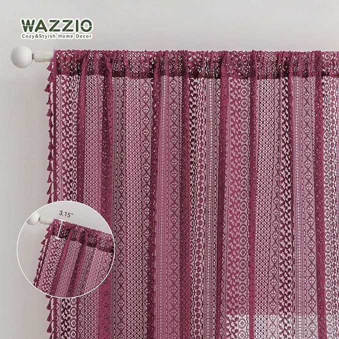 WAZZIO Boho Lace Curtains 63 Inches 2 Panel,Light Filtering Privacy Tassel & Geometry Crochet Semi Sheer Curtain Drapes for Bedroom Living Dining Room,Rod Pocket & Tassel,Burgundy Red