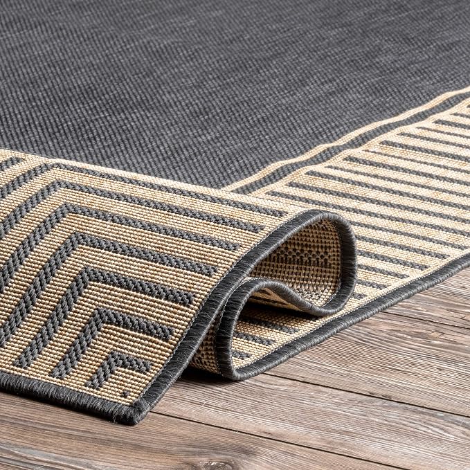Nuloom Asha Dark Grey/Ivory, 9'6" x 12', Casual, Striped Border, Soft and Cozy, High Traffic, Stain Resistant, Easy Clean, Durable Area Rug for Indoor/Outdoor Patio, Deck, Porch, Garden, Courtyard