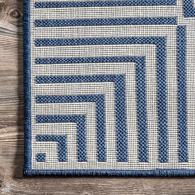 Nuloom Asha Navy/Ivory, 8' Square, Casual, Striped Border, Soft and Cozy, High Traffic, Easy Clean, Durable Area Rug for Indoor/Outdoor Patio, Deck, Porch, Garden, Courtyard
