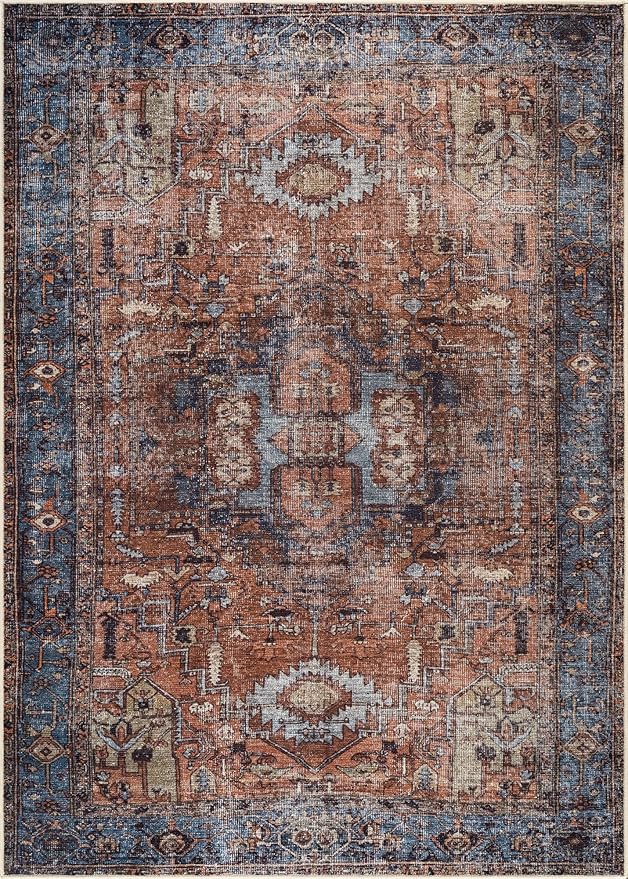 Bloom Rugs Washable 9' x 12' Rug - Terracotta/Blue Traditional Area Rug for Living Room, Bedroom, Dining Room, and Kitchen - Exact Size: 9' x 12'
