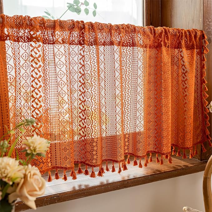 Sutuo Home Terracotta Boho Short Curtains for Kitchen Window Curtains Over Sink, Burnt Orange Crochet Privacy Farmhouse Lace Sheer Vintage Tassels Retro Halloween Rod Pocket,2 Panels 50" W x 18" L