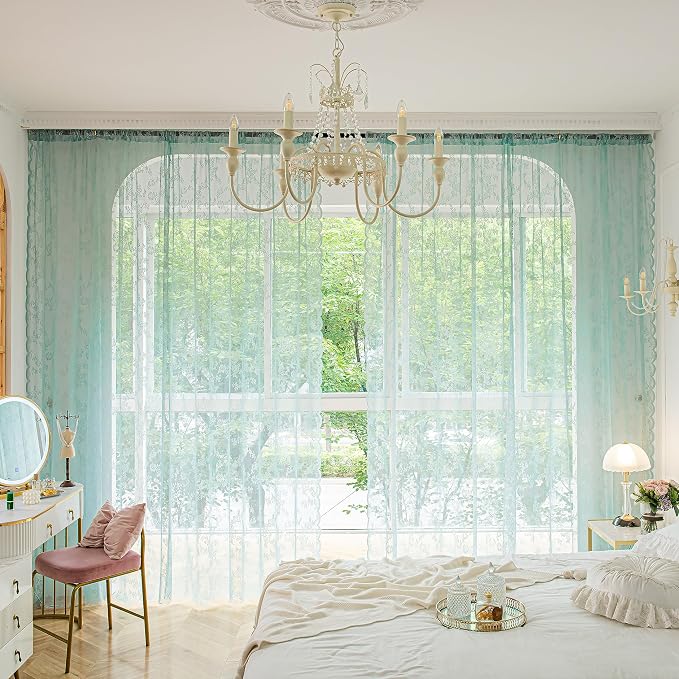 Sutuo Home Teal Blue Lace Curtains 84 Inches Long 2 Set, Sheer Panels Rose Floral Embroidery Vintage Window Treatment Pair for Bedroom Living Room, Retro Christmas Decor Rod Pocket, W57 x L84