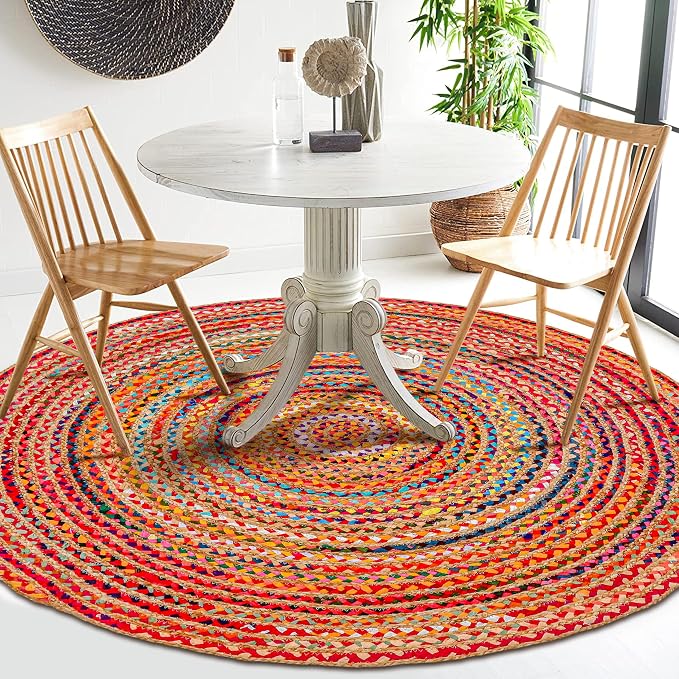 Hausattire Bohemian Braided Rug 5' Round - Multi Color, Rustic Hand Woven Rag Rugs for Kitchen, Kids Bedroom, Living Room | Colorful Farmhouse Pet Friendly Reversible Decorative Carpet