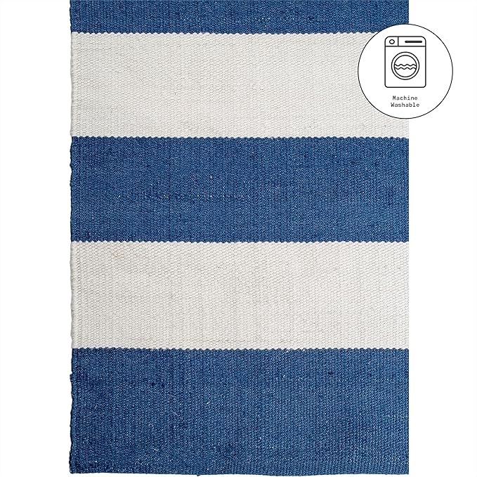 Fab Habitat Machine Washable Area Rug - Hand Woven, Stain Resistant, Pet Friendly - Premium Recycled Polyester Yarn - Stripes - Kitchen, Bathroom, Laundry Room - Nantucket - Blue & White - 3 x 5 ft