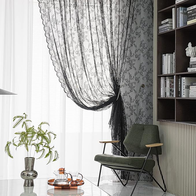 Sutuo Home Black Lace Curtains 84 Inches Long 2 Panels Set, Sheer Panels Gothic Retro Florals Vintage Voile Window Treatment for Bedroom/Living Room/Halloween Decor Rod Pocket W57 x L84